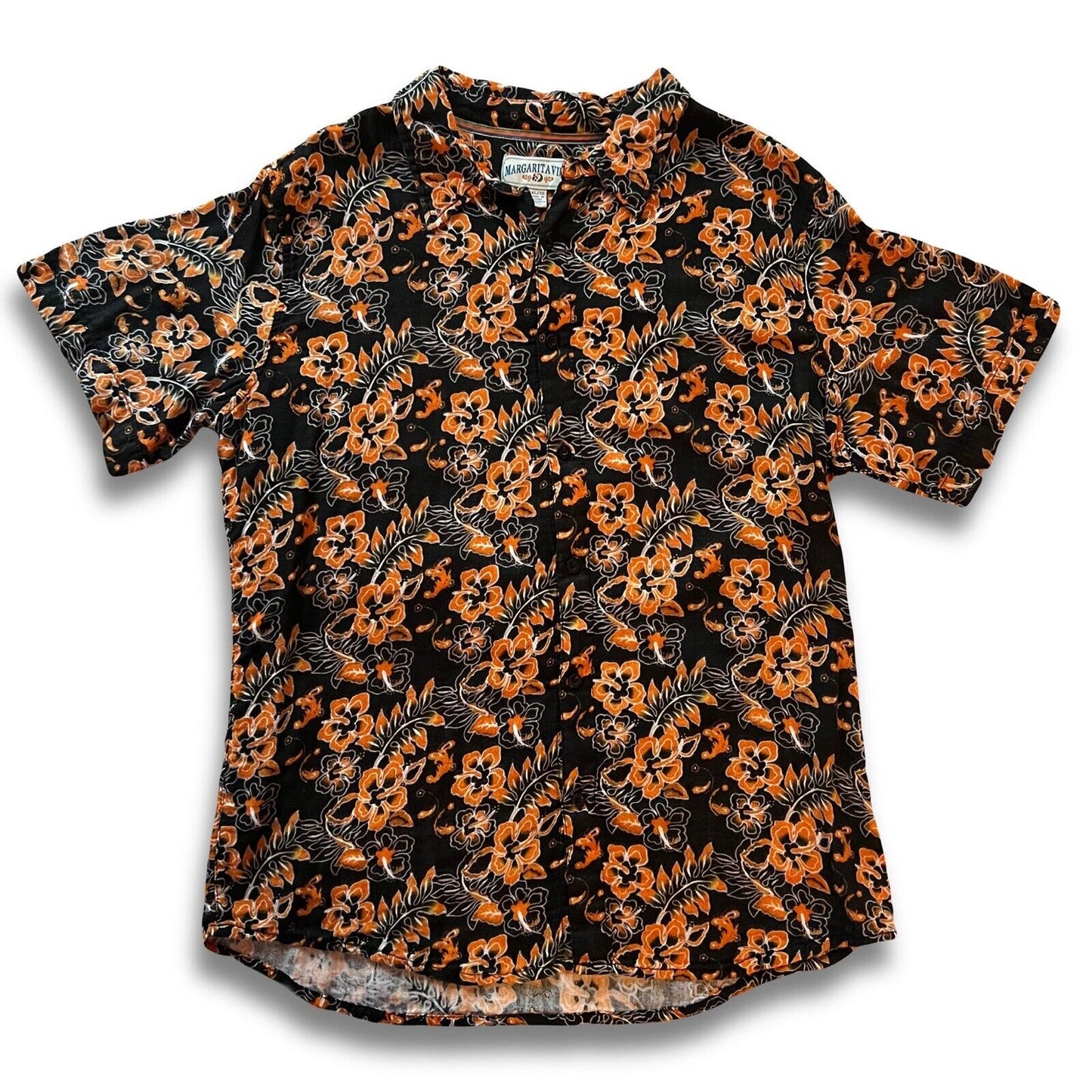 Margaritaville Orange And Black Button Up Shirt Awesome Halloween Hawaii Floral - thriftgoblin