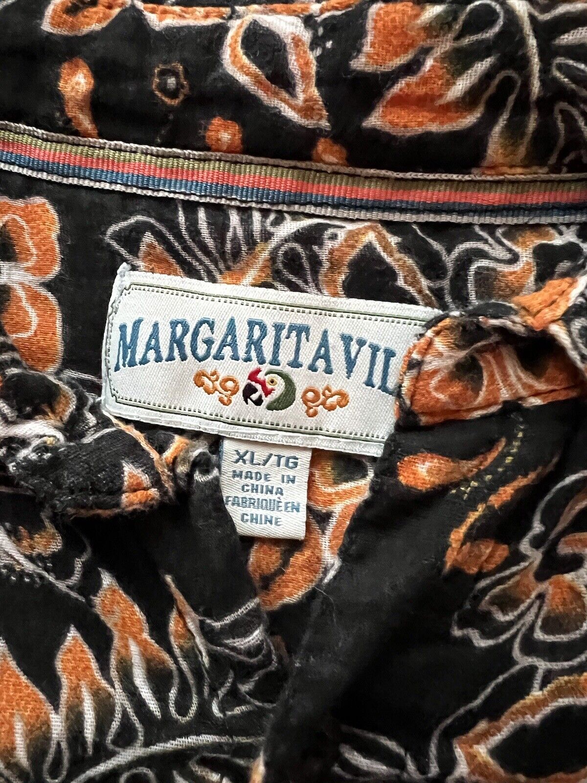 Margaritaville Orange And Black Button Up Shirt Awesome Halloween Hawaii Floral - thriftgoblin