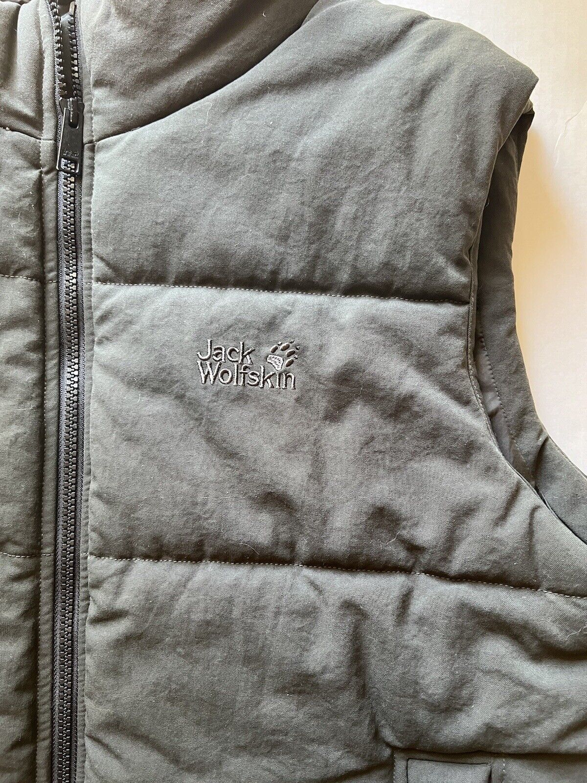 Mens Jack Wolfskin Down Gilet Vest Quilted Forest Green Large Thick Pockets - thriftgoblin