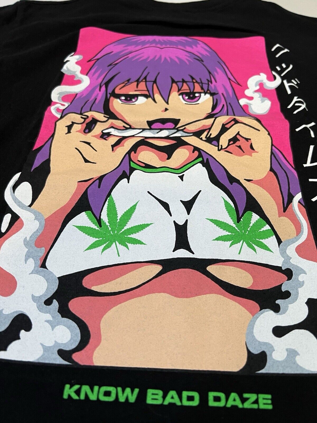 Men's Waifu Smoking Know Bad Daze Anime Girl Halfboob Stoner Graphic Shirt Adult - thriftgoblin