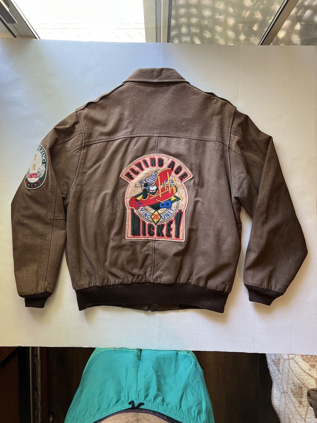 Mickey Mouse Flying Ace Patches Unit Genuine Leather Bomber Vintage Brown Mens - thriftgoblin
