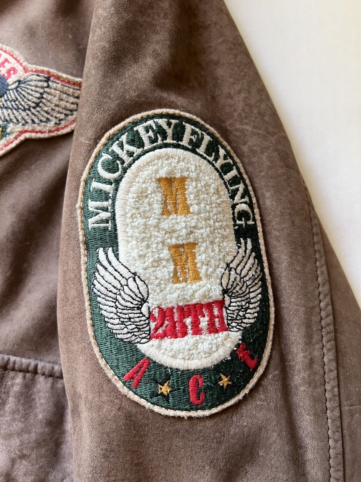 Mickey Mouse Flying Ace Patches Unit Genuine Leather Bomber Vintage Brown Mens - thriftgoblin
