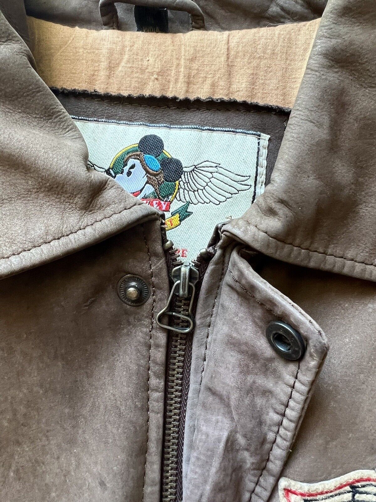 Mickey Mouse Flying Ace Patches Unit Genuine Leather Bomber Vintage Brown Mens - thriftgoblin