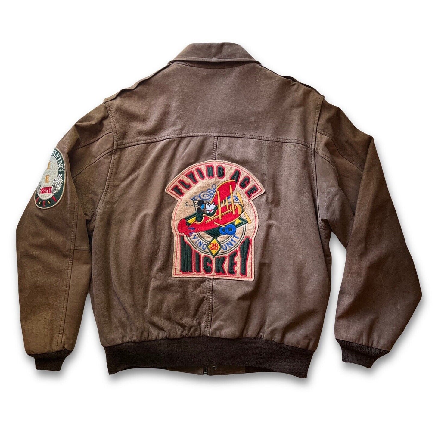 Mickey Mouse Flying Ace Patches Unit Genuine Leather Bomber Vintage Brown Mens - thriftgoblin