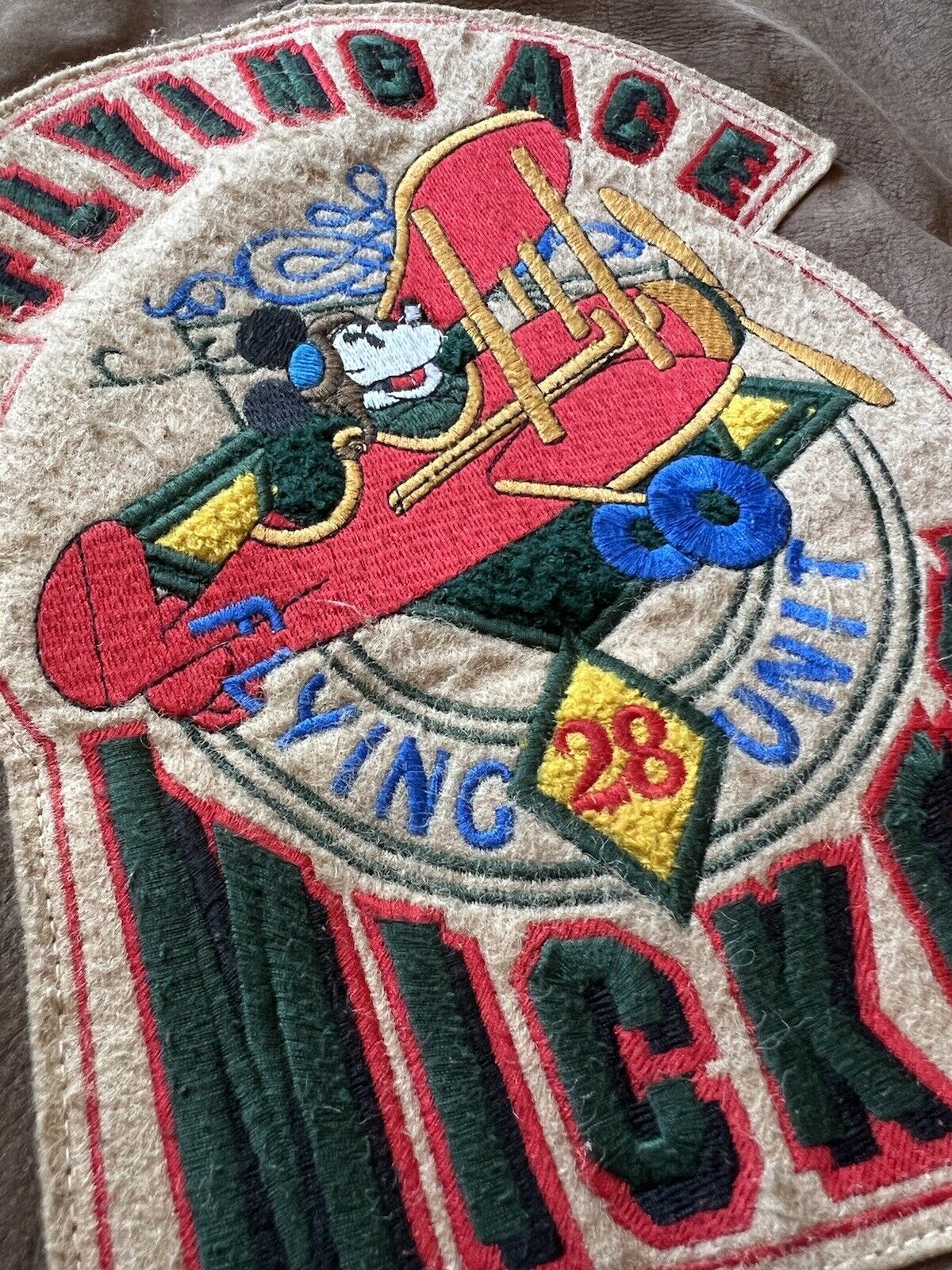 Mickey Mouse Flying Ace Patches Unit Genuine Leather Bomber Vintage Brown Mens - thriftgoblin