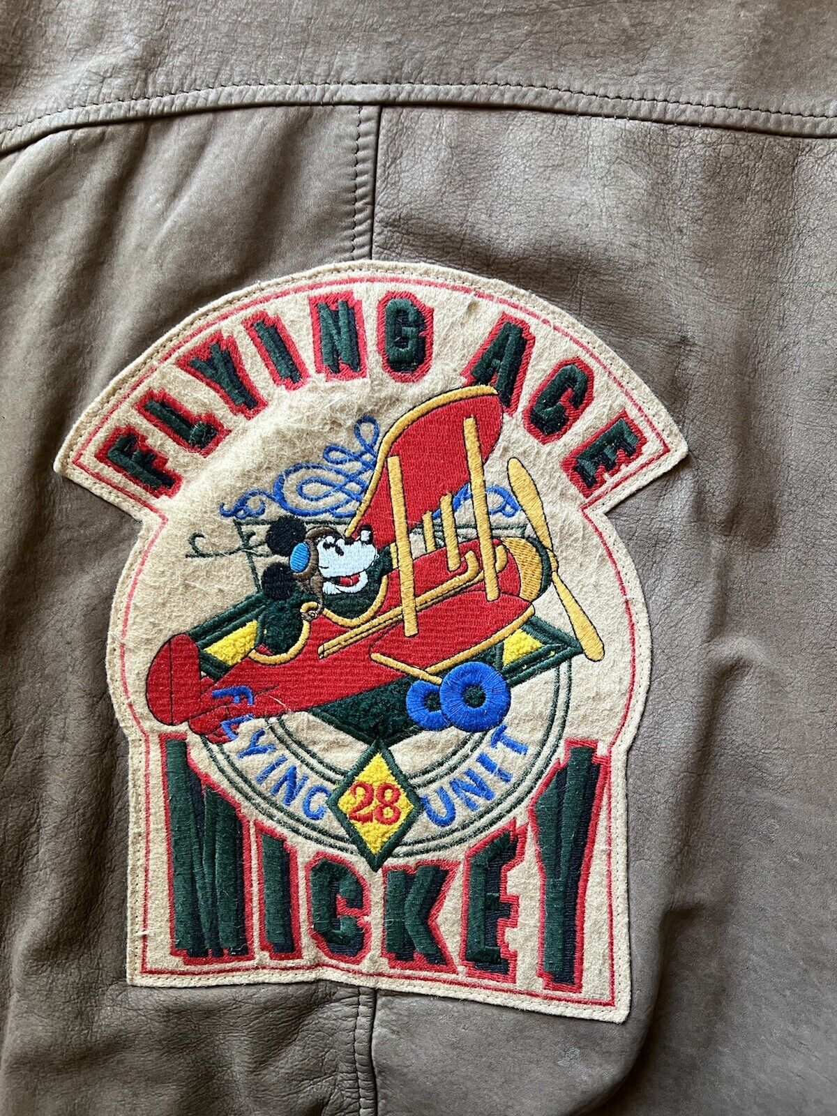 Mickey Mouse Flying Ace Patches Unit Genuine Leather Bomber Vintage Brown Mens - thriftgoblin
