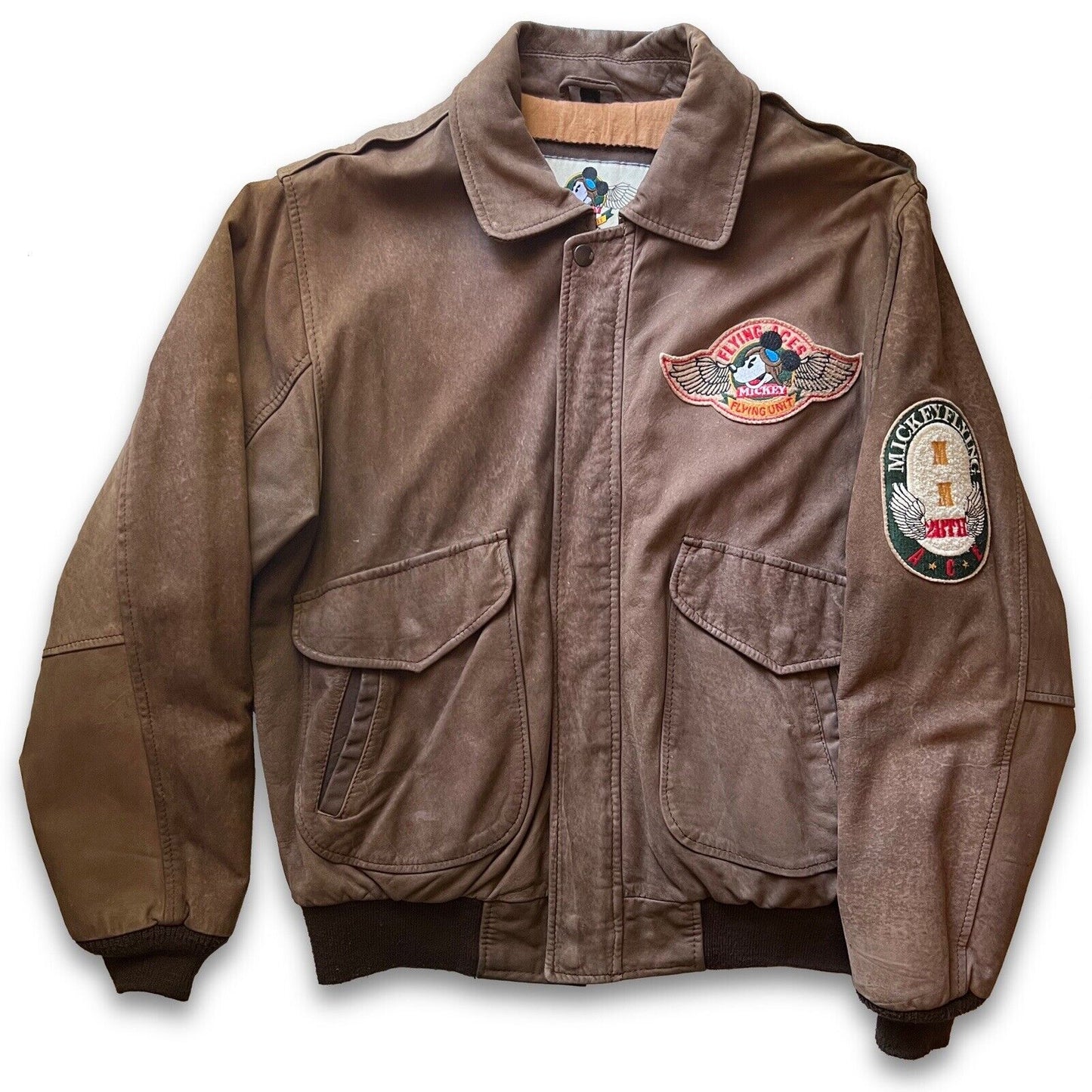 Mickey Mouse Flying Ace Patches Unit Genuine Leather Bomber Vintage Brown Mens - thriftgoblin