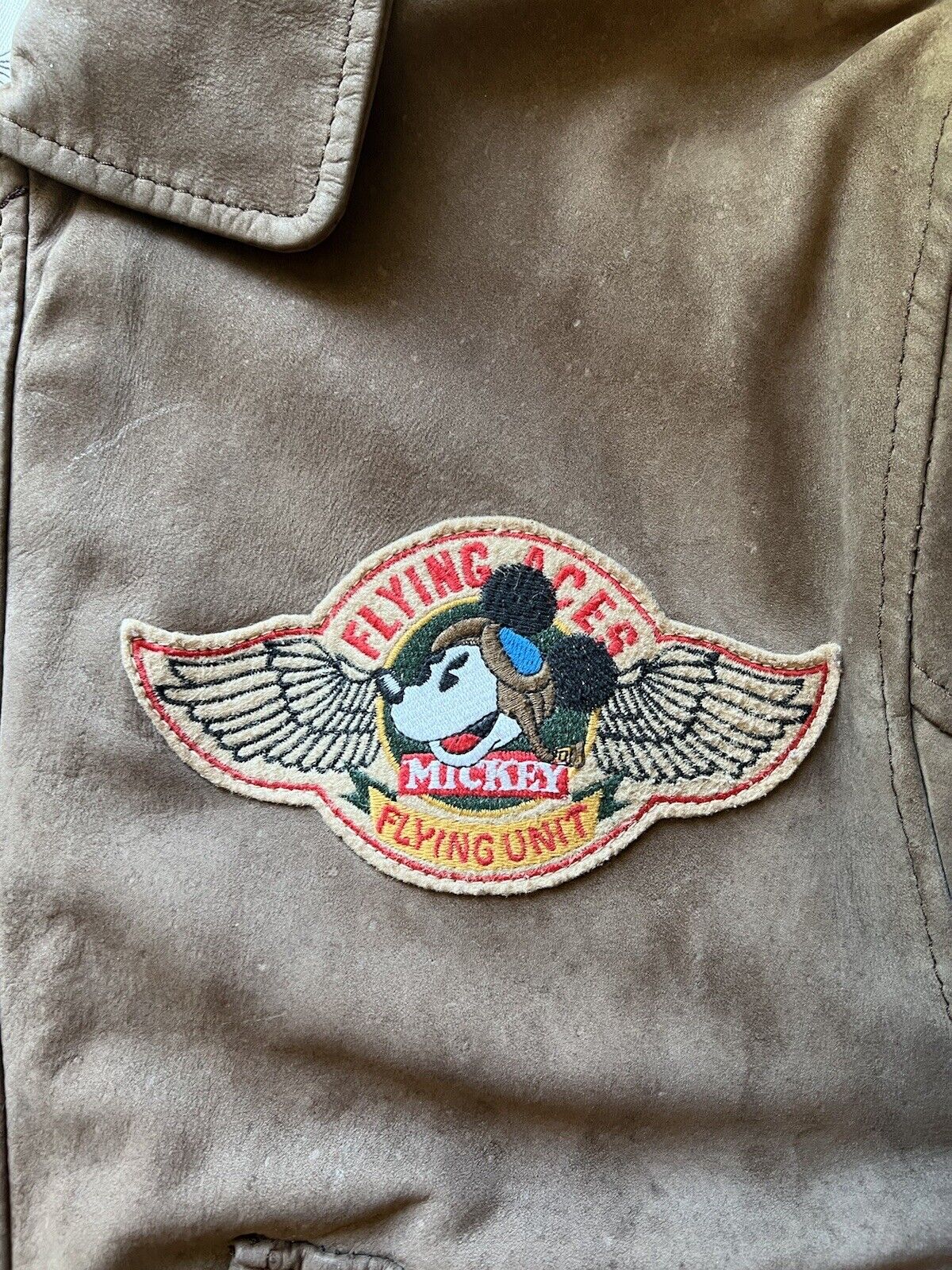 Mickey Mouse Flying Ace Patches Unit Genuine Leather Bomber Vintage Brown Mens - thriftgoblin