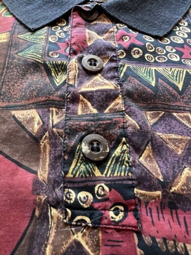 Montage pour homme Silk knit trim polo shirt. Mens Large Red Abstract Vintage - thriftgoblin