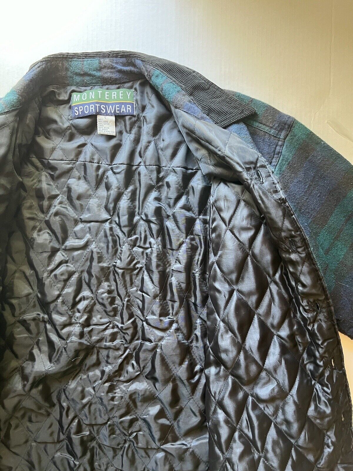 Monterey Sportswear Quilted Flannel Jacket Mens Large Blue Pockets Vintage - thriftgoblin