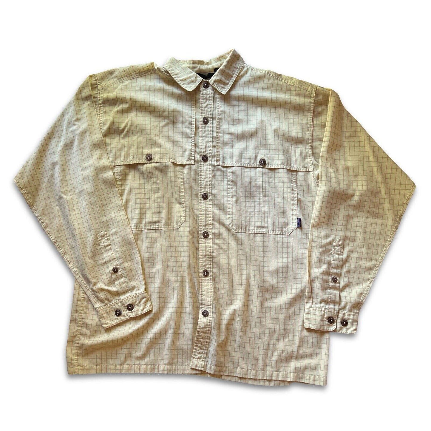 Patagonia Men's Wood Button Up Shirt Large Yellow Light Check Outdoors Hike Camp - thriftgoblin