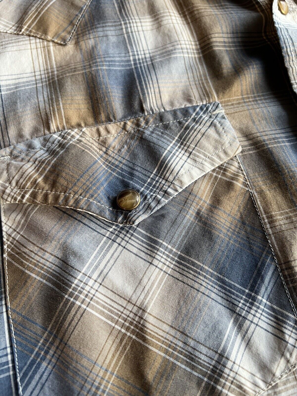 Pendleton Shirt Mens Blue Brown Large Plaid Frontier Pearl Snap Western Cowboy - thriftgoblin