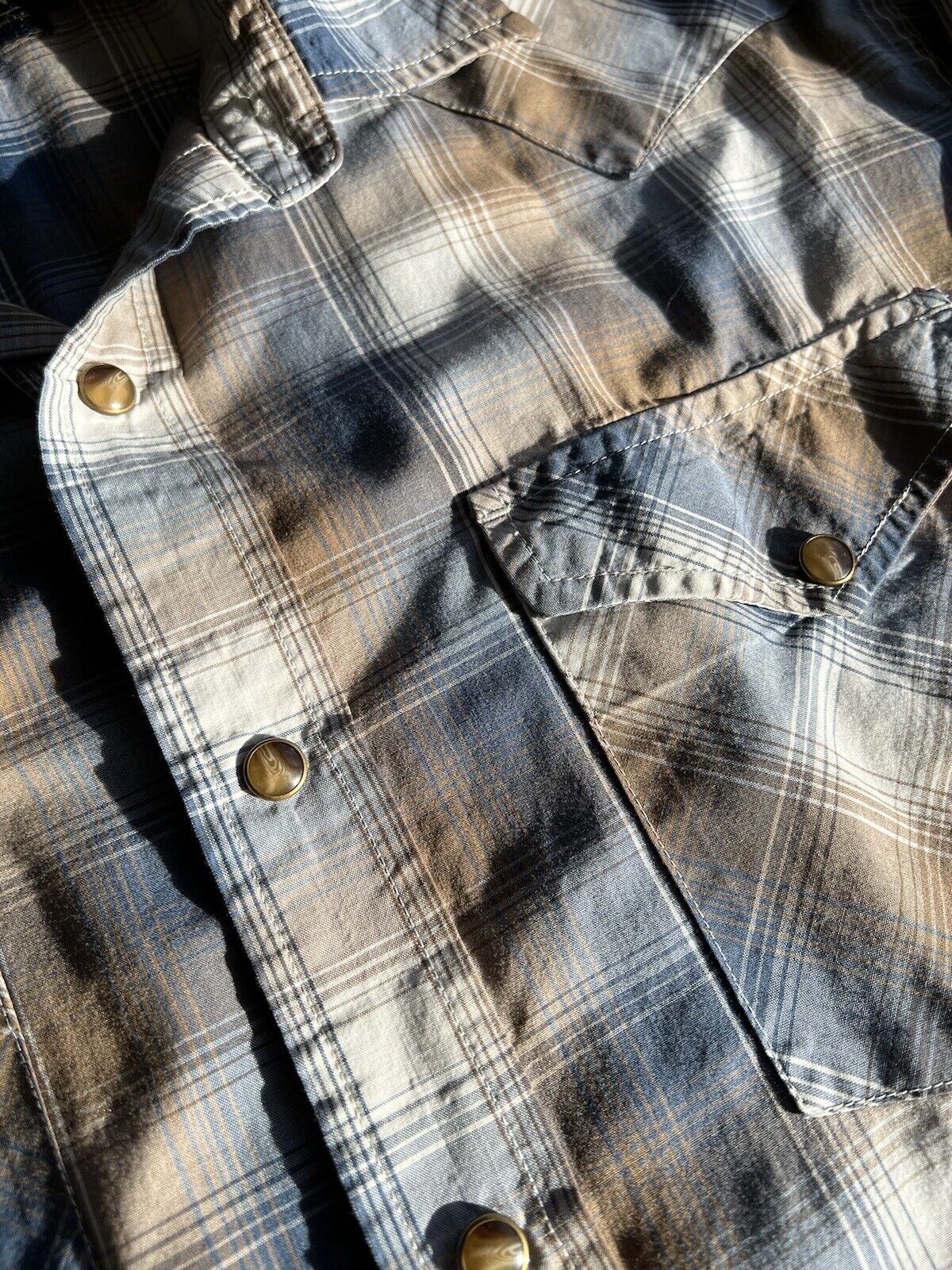 Pendleton Shirt Mens Blue Brown Large Plaid Frontier Pearl Snap Western Cowboy - thriftgoblin