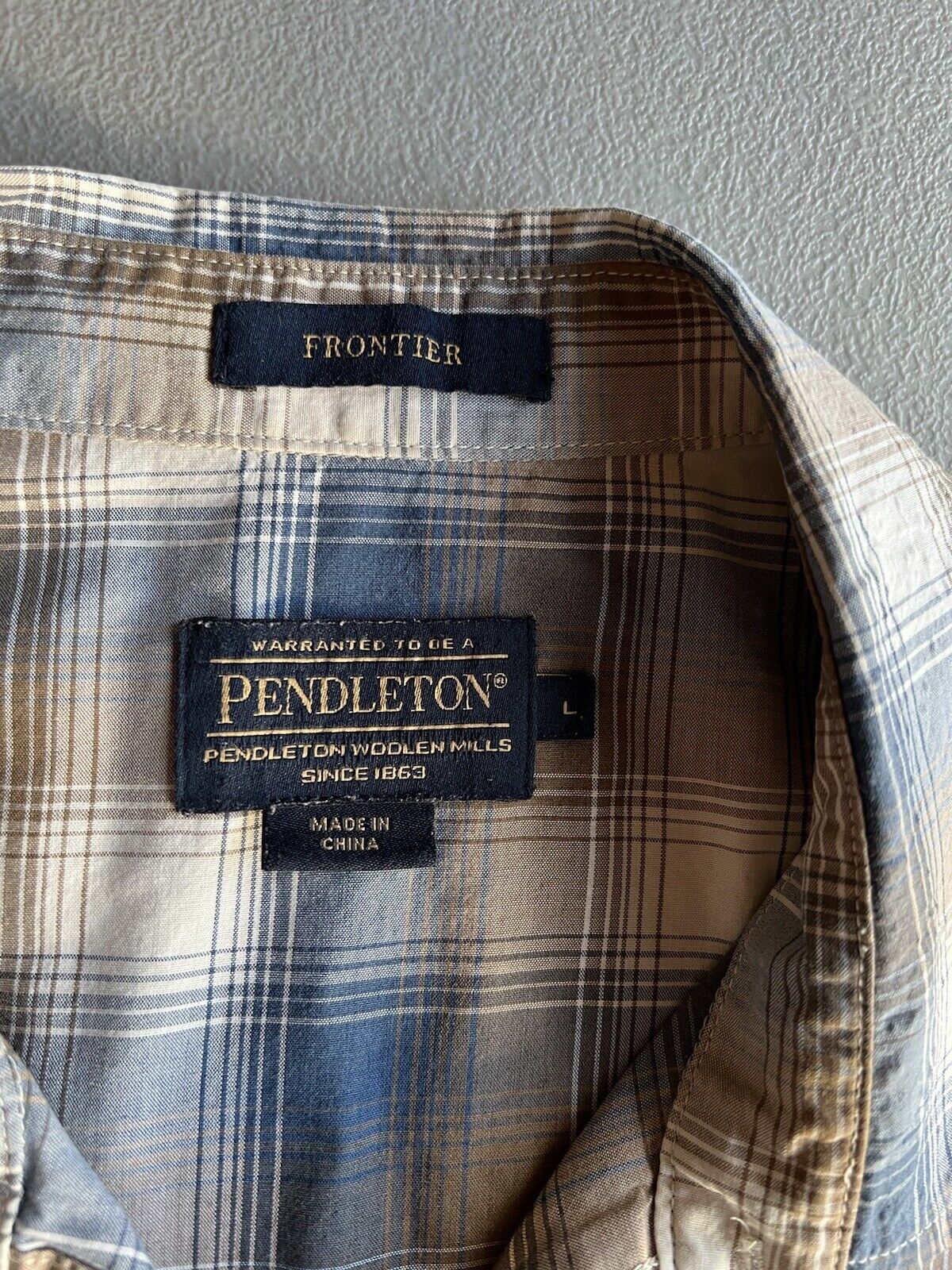 Pendleton Shirt Mens Blue Brown Large Plaid Frontier Pearl Snap Western Cowboy - thriftgoblin