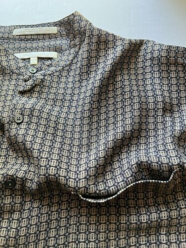 Perry Ellis 100% Silk Shirt Men’s Size L Geometric Long Sleeves Brown Collarless - thriftgoblin
