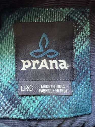 PrAna Men Shirt Large Green Blue Plaid Heavy Thick Cotton Flannel Fall Button Up - thriftgoblin