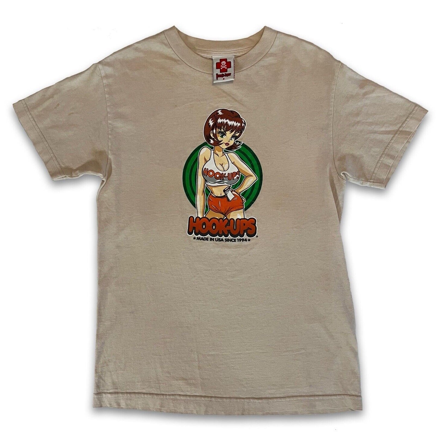 RARE Color 90 Hook - ups Skateboard T-shirt Mens Anime Miami Hooters SIZE S (Sand) - thriftgoblin