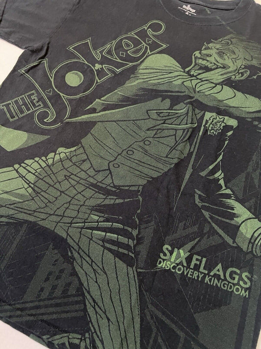 RARE Six Flags Joker All Over Print Batman Graphic green T-Shirt Size Large - thriftgoblin