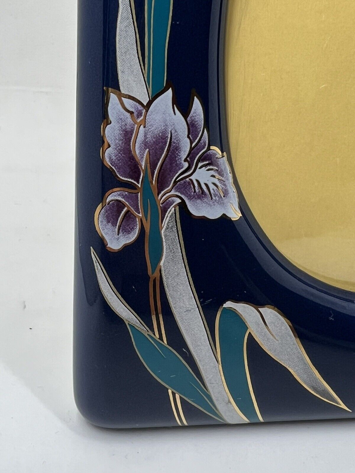 Rare Stoneware Picture Frame 5.5" x 4" Thick Blue Dynasty Oriental Flowers - thriftgoblin