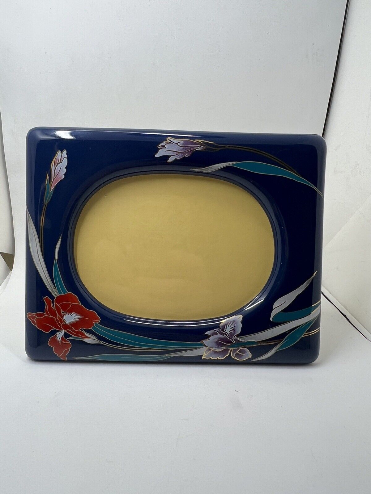 Rare Stoneware Picture Frame 5.5" x 4" Thick Blue Dynasty Oriental Flowers - thriftgoblin