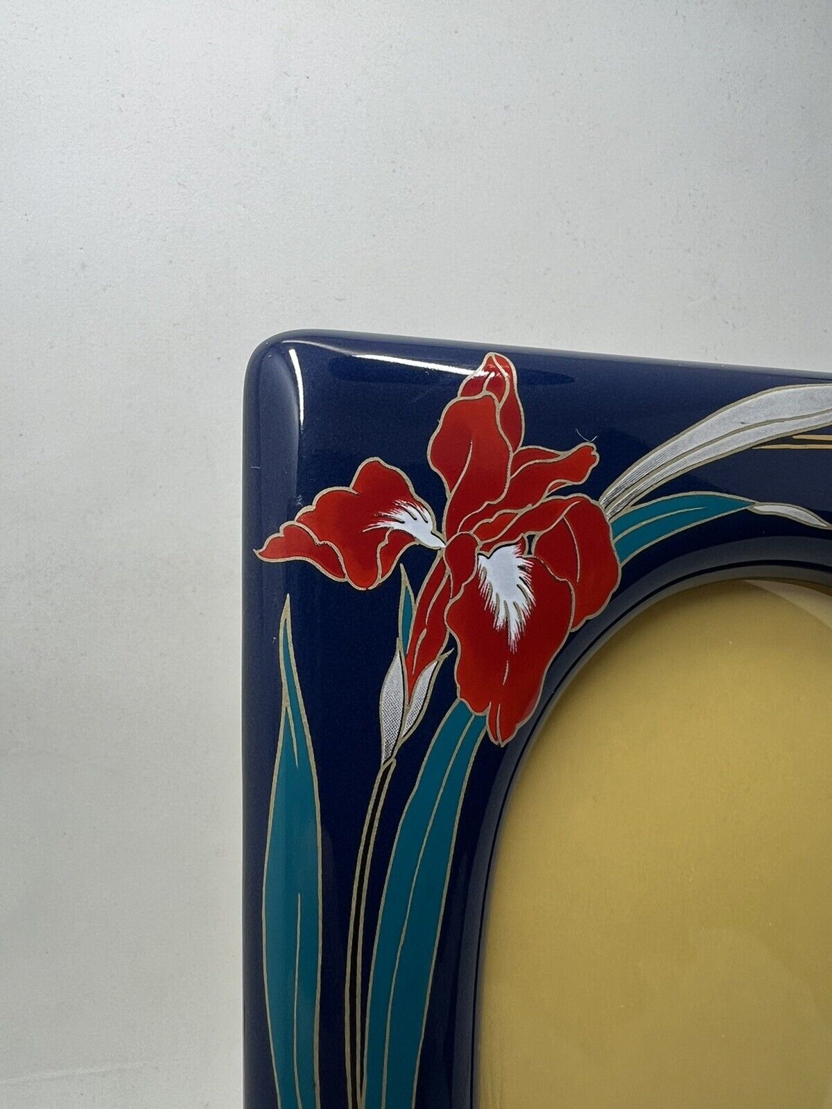 Rare Stoneware Picture Frame 5.5" x 4" Thick Blue Dynasty Oriental Flowers - thriftgoblin