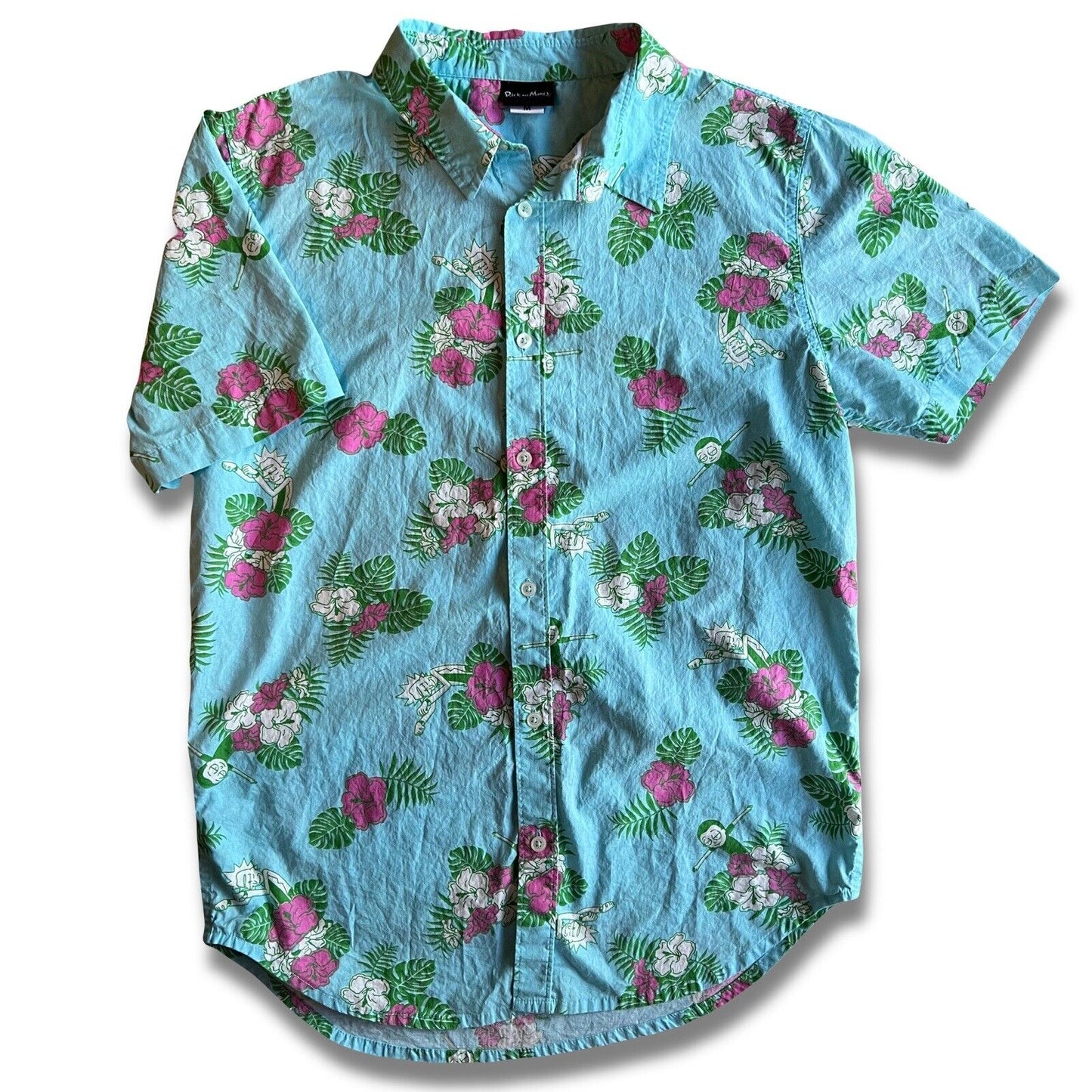 Rick and Morty Blue Hawaiian Floral Button Up Adult Swim Dancing. Squanchy! - thriftgoblin
