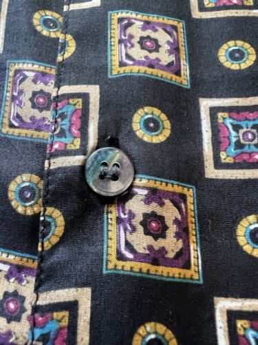 Robert Stock Silk Shirt Mens L Black Geometric Short Sleeve ButtonUp Gold Light - thriftgoblin