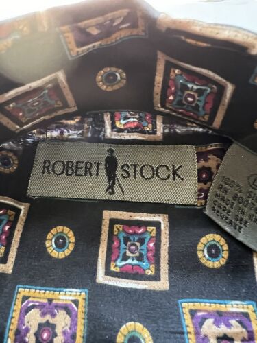 Robert Stock Silk Shirt Mens L Black Geometric Short Sleeve ButtonUp Gold Light - thriftgoblin