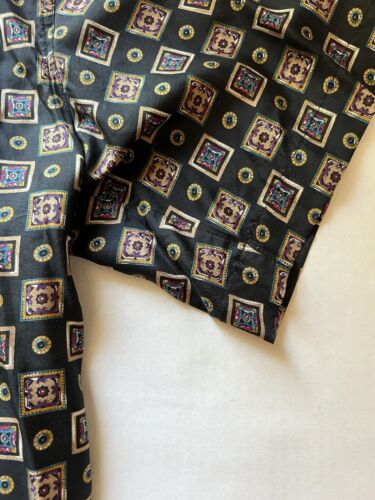 Robert Stock Silk Shirt Mens L Black Geometric Short Sleeve ButtonUp Gold Light - thriftgoblin