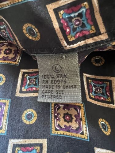 Robert Stock Silk Shirt Mens L Black Geometric Short Sleeve ButtonUp Gold Light - thriftgoblin
