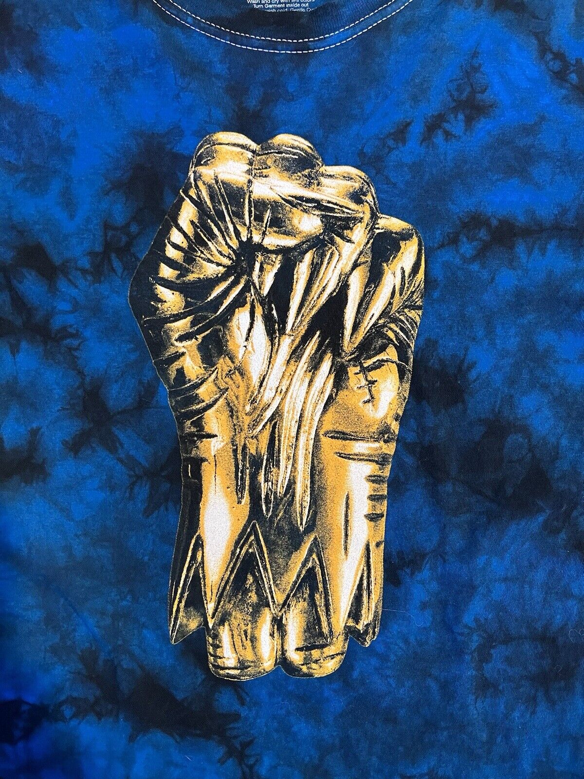 Run The Jewels Golden Fist Blue Washed Tie Dye Tshirt Killer Mike Hip Hop Mens S - thriftgoblin