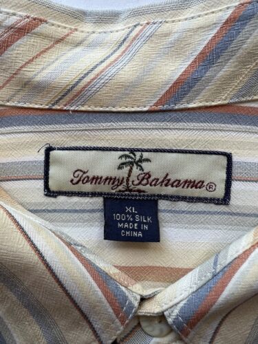 Tommy Bahama SILK Mens XL Peach/White Striped 100% Silk Button Up Shirt Pocket - thriftgoblin