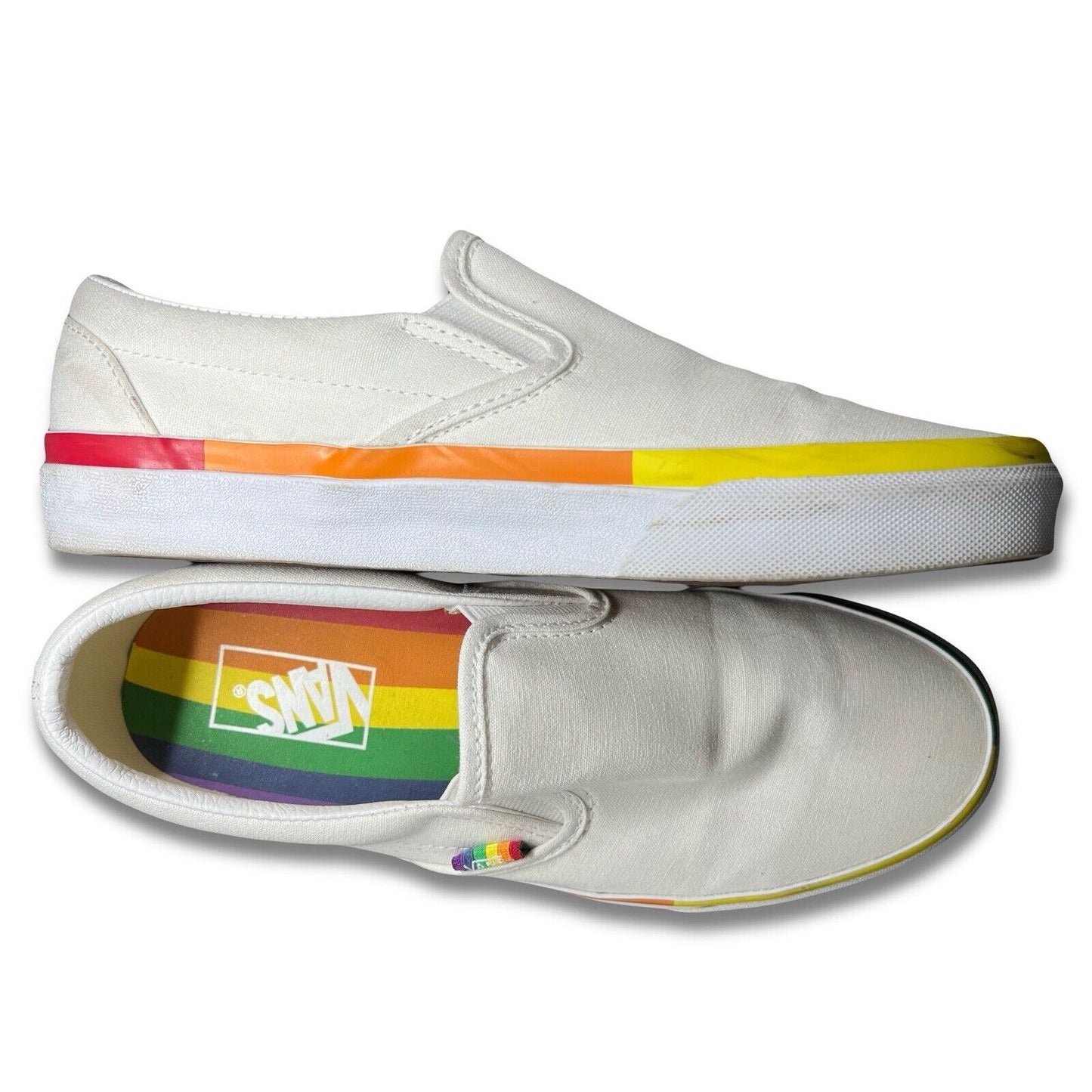 Vans Classic Slip On Rainbowstripe Pride White Rainbow Canvas Shoe Sneaker W9.5 - thriftgoblin