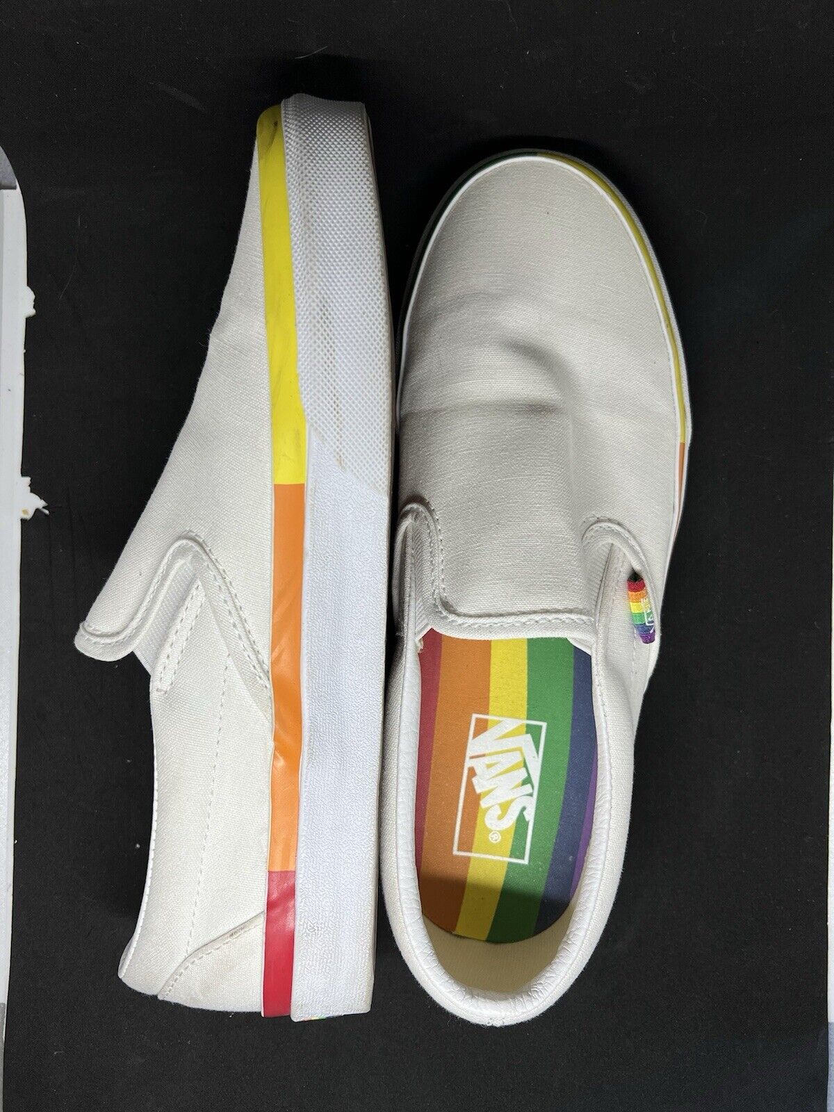 Vans Classic Slip On Rainbowstripe Pride White Rainbow Canvas Shoe Sneaker W9.5 - thriftgoblin