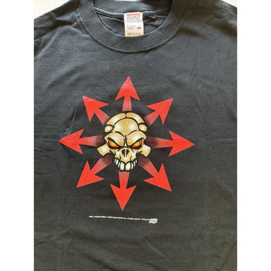 Vintage 2001 Chaos Comics Skull T-Shirt Shield Graphic Anvil USA Made Red Arrow - thriftgoblin