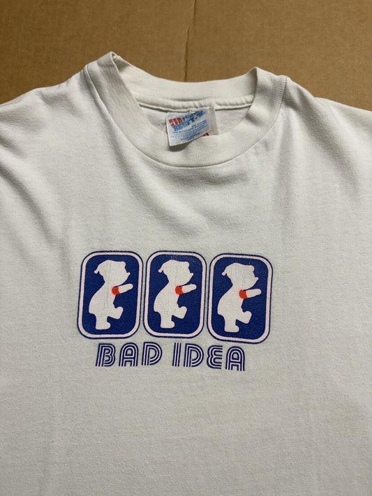 Vintage 90s Human Skateboards “Bad Idea” Skate Logo Rare Red Armband LA Shirt L - thriftgoblin