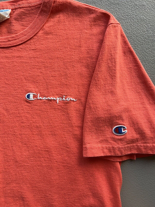 Vintage Champion M Blank T Shirt Blue Bar Mounted Collar Cotton GT19 Orange - thriftgoblin