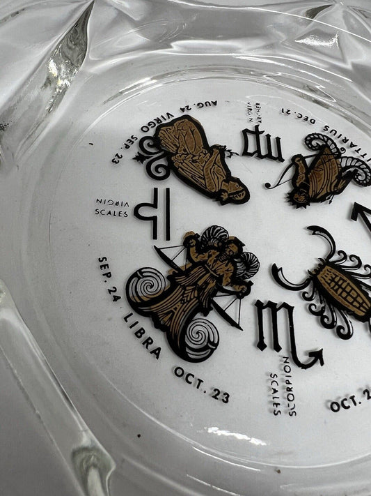 Vintage Horoscope Clear Glass Ash Tray Smoking Solid Large Clean Gold Inlay - thriftgoblin