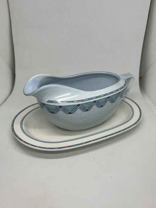 Vintage Mikasa Potters Touch Florenza Gravy Pitcher w/Underplate Blue Speckle - thriftgoblin