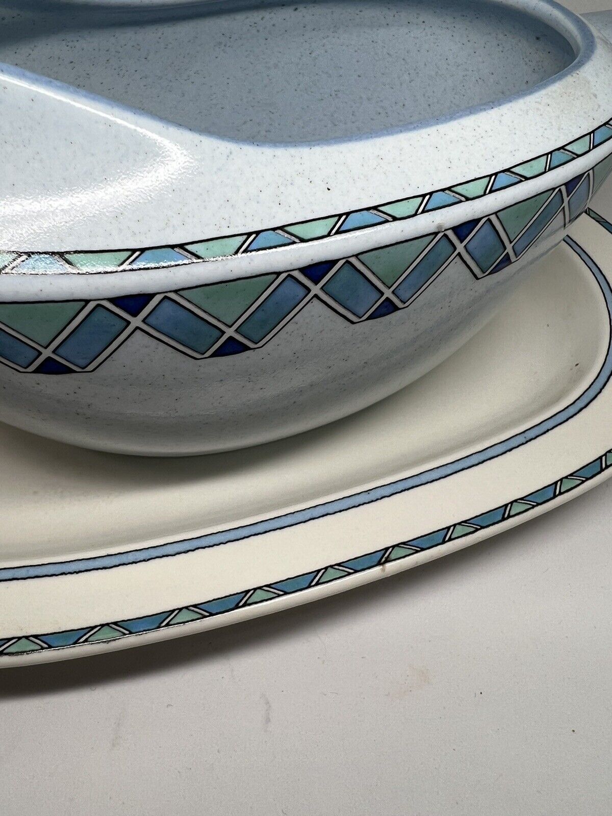 Vintage Mikasa Potters Touch Florenza Gravy Pitcher w/Underplate Blue Speckle - thriftgoblin