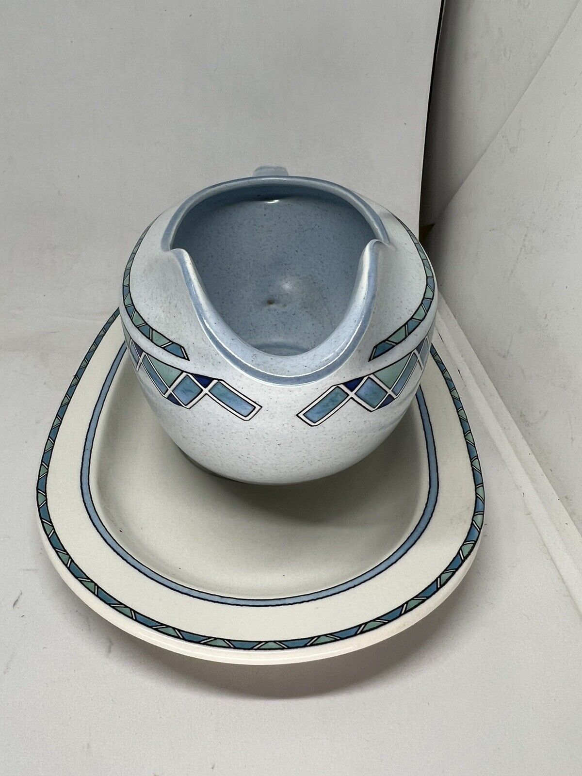 Vintage Mikasa Potters Touch Florenza Gravy Pitcher w/Underplate Blue Speckle - thriftgoblin