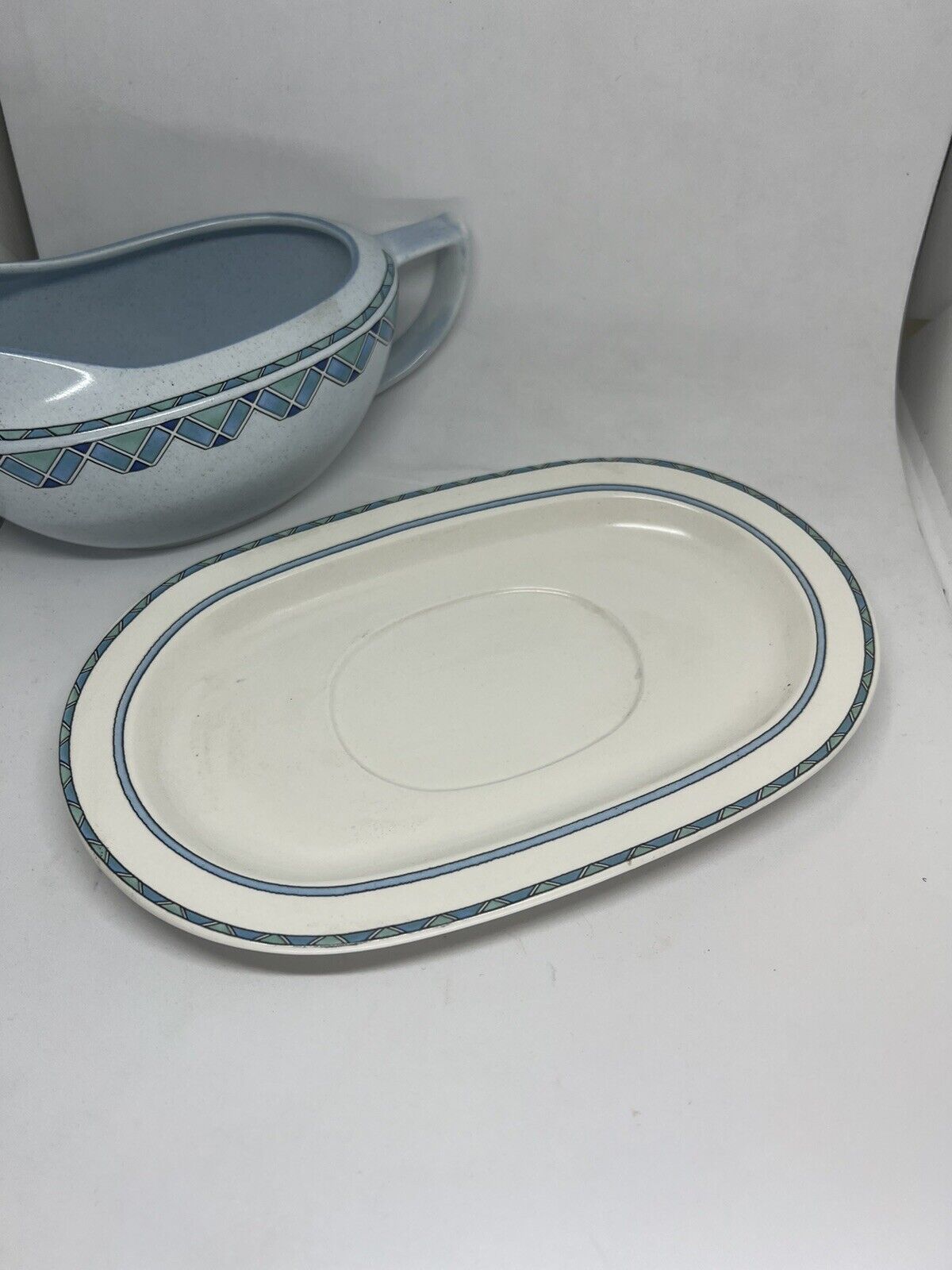 Vintage Mikasa Potters Touch Florenza Gravy Pitcher w/Underplate Blue Speckle - thriftgoblin