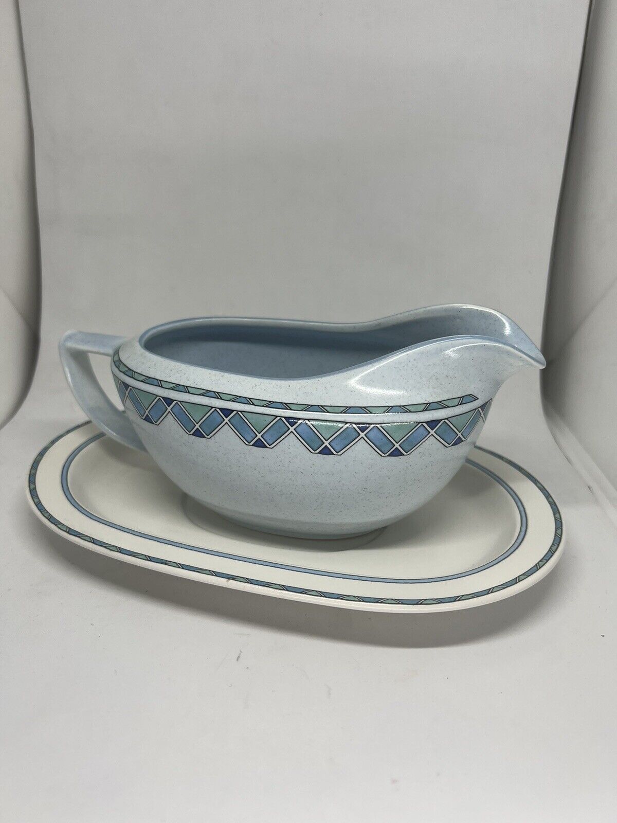 Vintage Mikasa Potters Touch Florenza Gravy Pitcher w/Underplate Blue Speckle - thriftgoblin