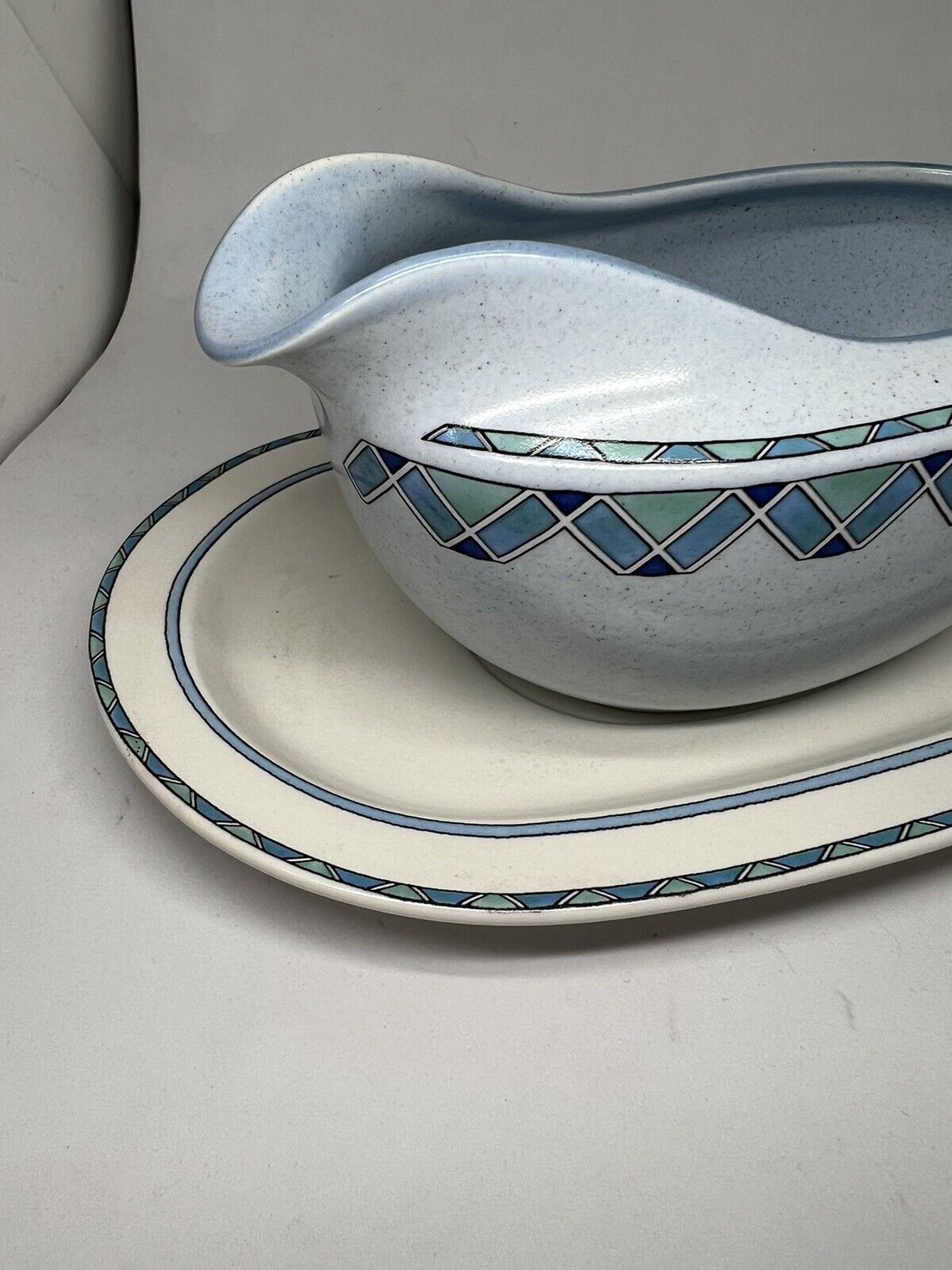 Vintage Mikasa Potters Touch Florenza Gravy Pitcher w/Underplate Blue Speckle - thriftgoblin