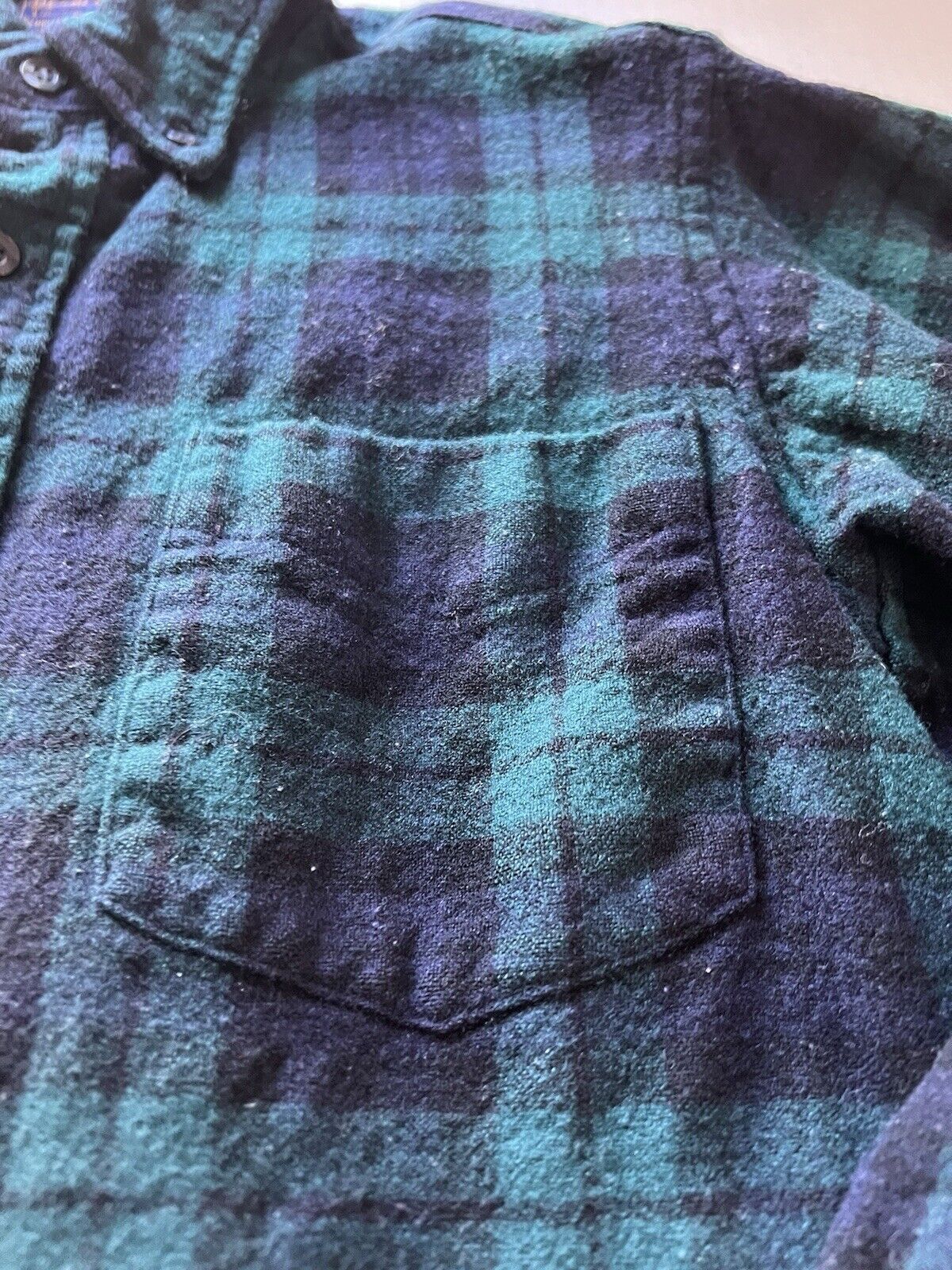 Vintage Pendleton Flannel Shirt Mens Blue Green Wool Plaid Small USA - thriftgoblin
