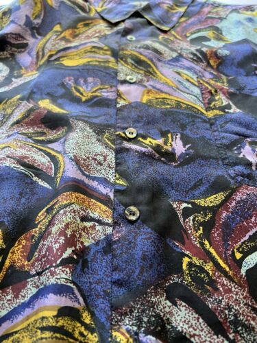 Vintage Robert Stock Mens Large Purple Green Blue Swirls Silk Button Down Top - thriftgoblin