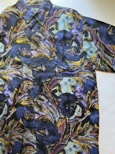 Vintage Robert Stock Mens Large Purple Green Blue Swirls Silk Button Down Top - thriftgoblin