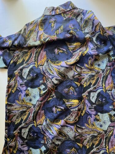 Vintage Robert Stock Mens Large Purple Green Blue Swirls Silk Button Down Top - thriftgoblin
