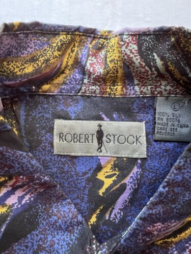 Vintage Robert Stock Mens Large Purple Green Blue Swirls Silk Button Down Top - thriftgoblin