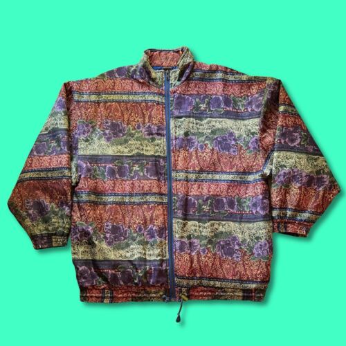 Vintage Robert Stock Silk Windbreaker Jacket Womens Medium Red Paisley Full Zip - thriftgoblin